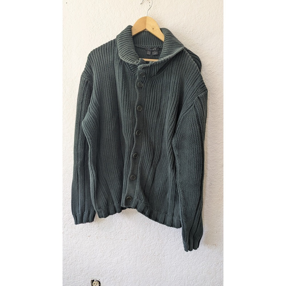 DKNY Mens XL Forest Green 100% Cotton Ribbed Chunky Knit Shawl‎ Collar Cardigan